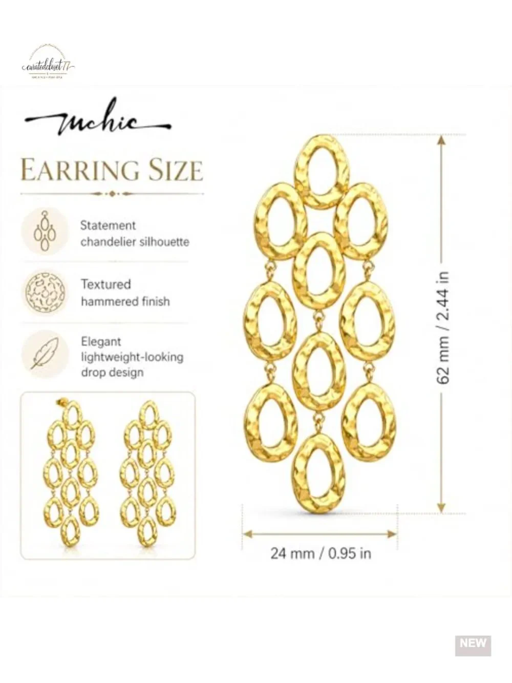 18K Gold Plated Hammered Chandelier Dangle Earrings, Lightweight Statement